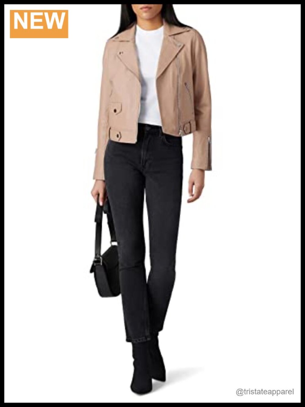 Slate & Willow Classic Leather Moto Jacket, Fully Lined, Long Sleeve, Zip